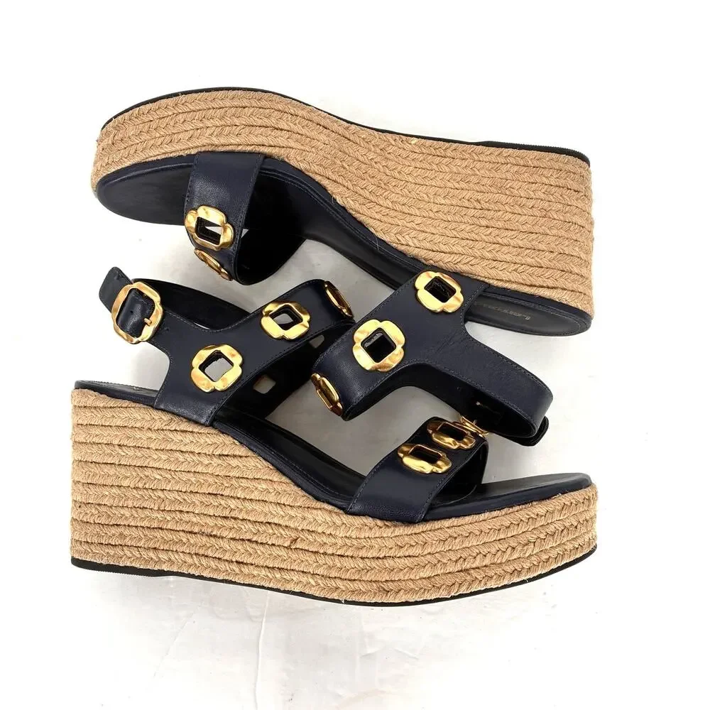 Larroudé Milan Espadrille Wedge Sandals Navy Blue Leather Women's 11